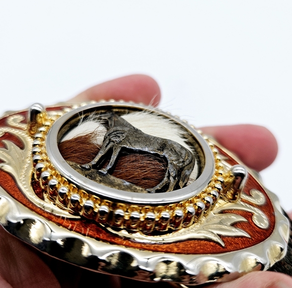 Large horse pony hair western cowboy buckle tooled leather belt - Picture 4 of 6